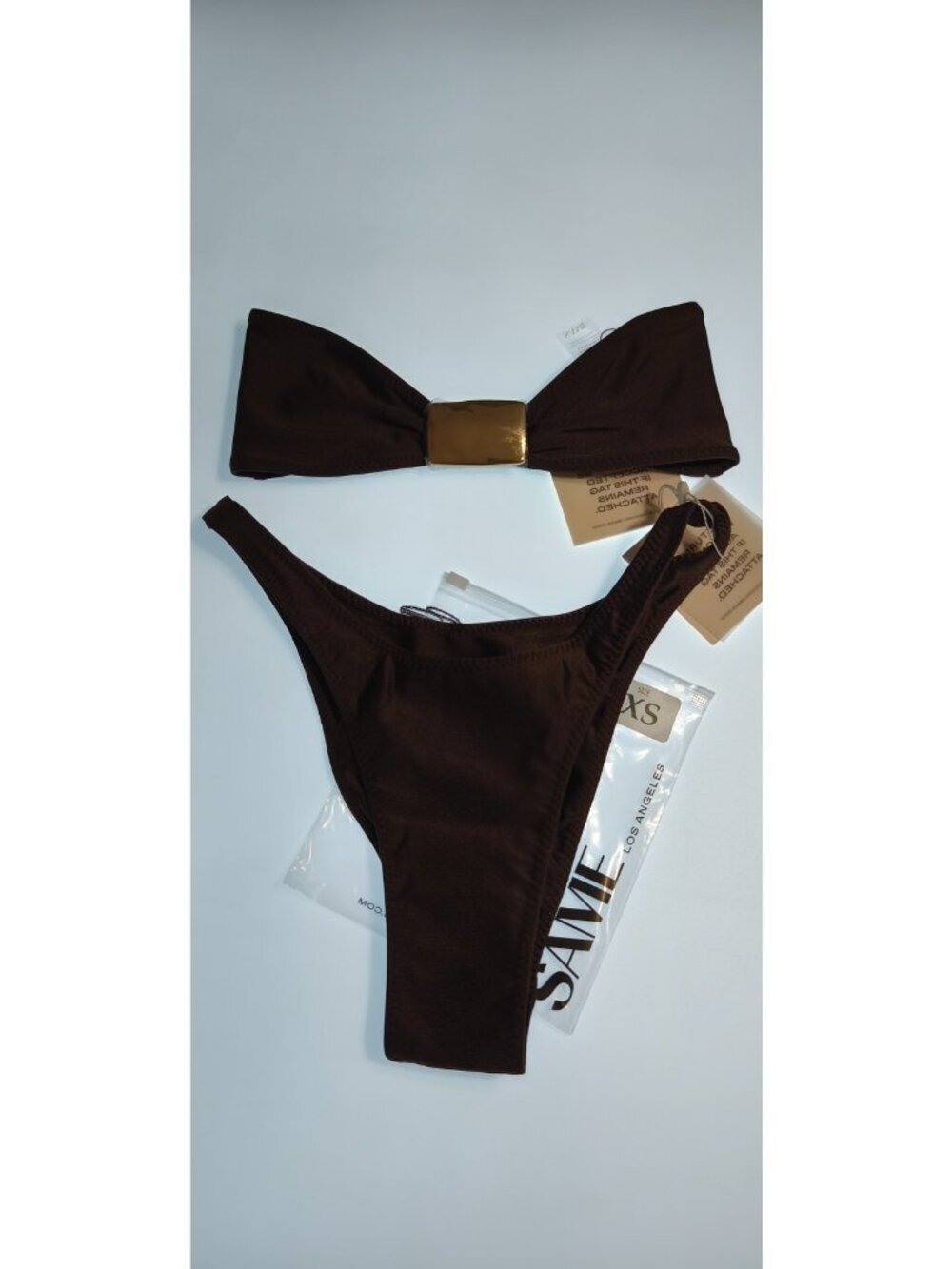 $ame Bikini Set XS Women Chocolate Bandeau Gold Hardware NWT